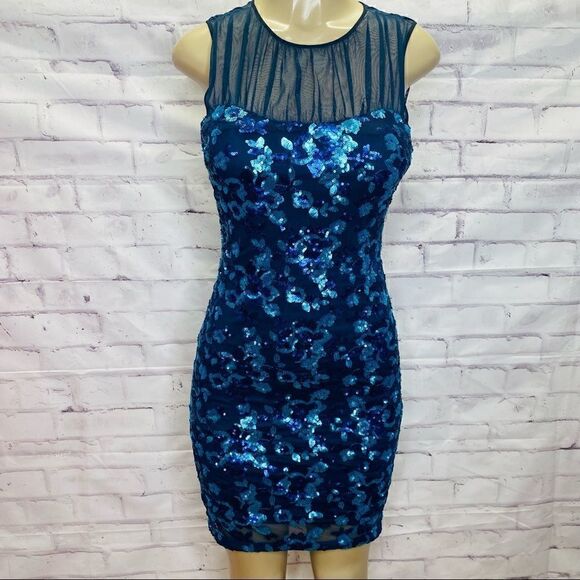 BELLE BADGLEY MISCHKA PARIS DRESS SEQUIN BLUE MULTI FLORAL BL2282 size 0 - Picture 1 of 16